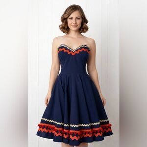 Vintage Style Strapless Navy Fit & Flare Dress 34C Pom Pom Trim Full Skirt